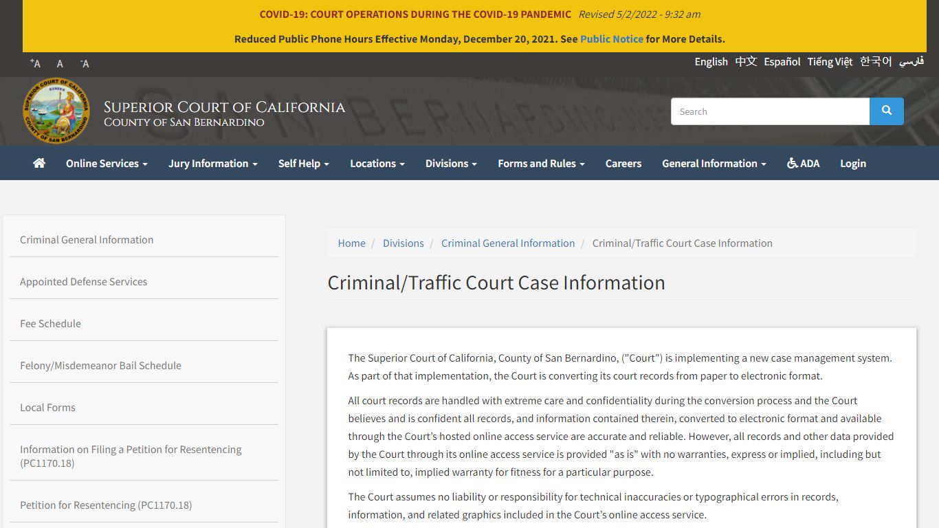 Criminal/Traffic Court Case Information | Superior Court ...