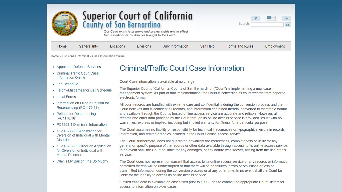 Criminal/Traffic Court Case Information - San Bernardino